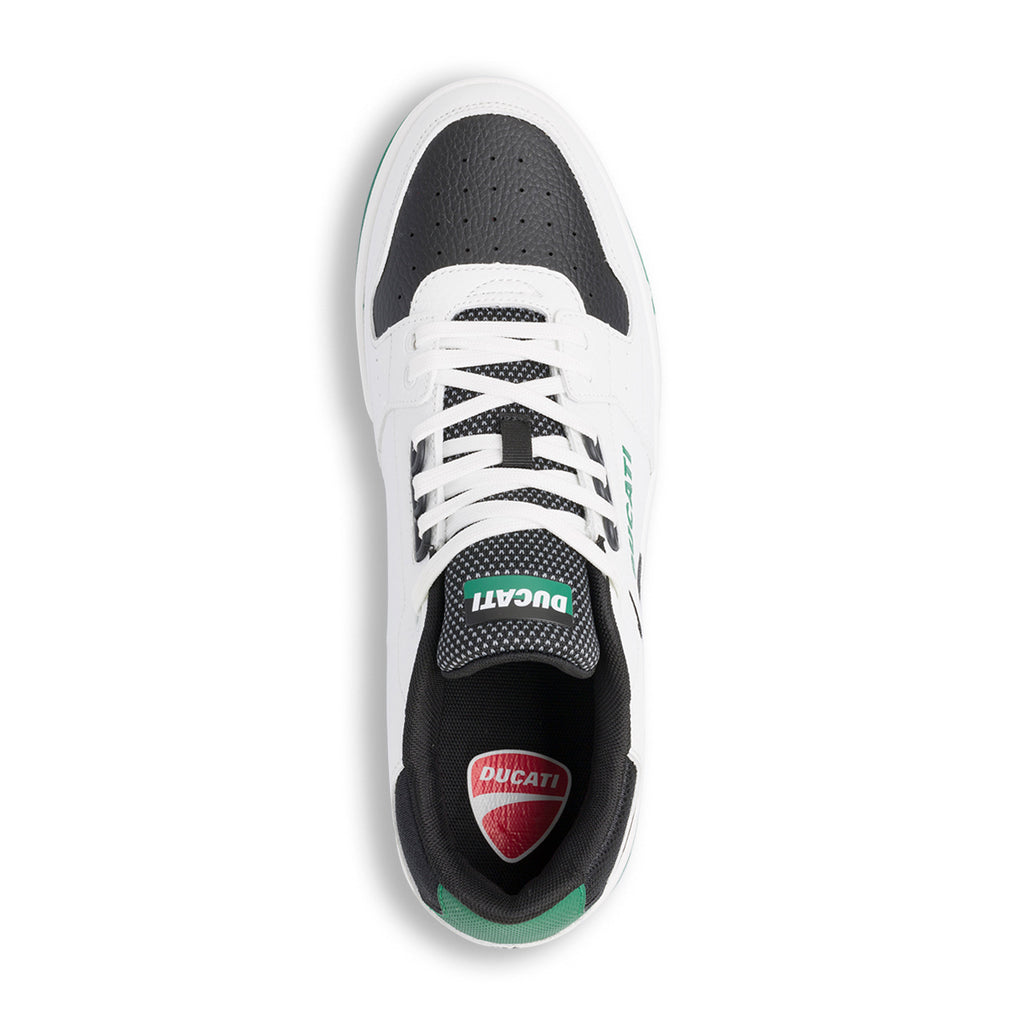 Sneakers bianche da uomo con dettagli neri e verdi e logo Ducati Track