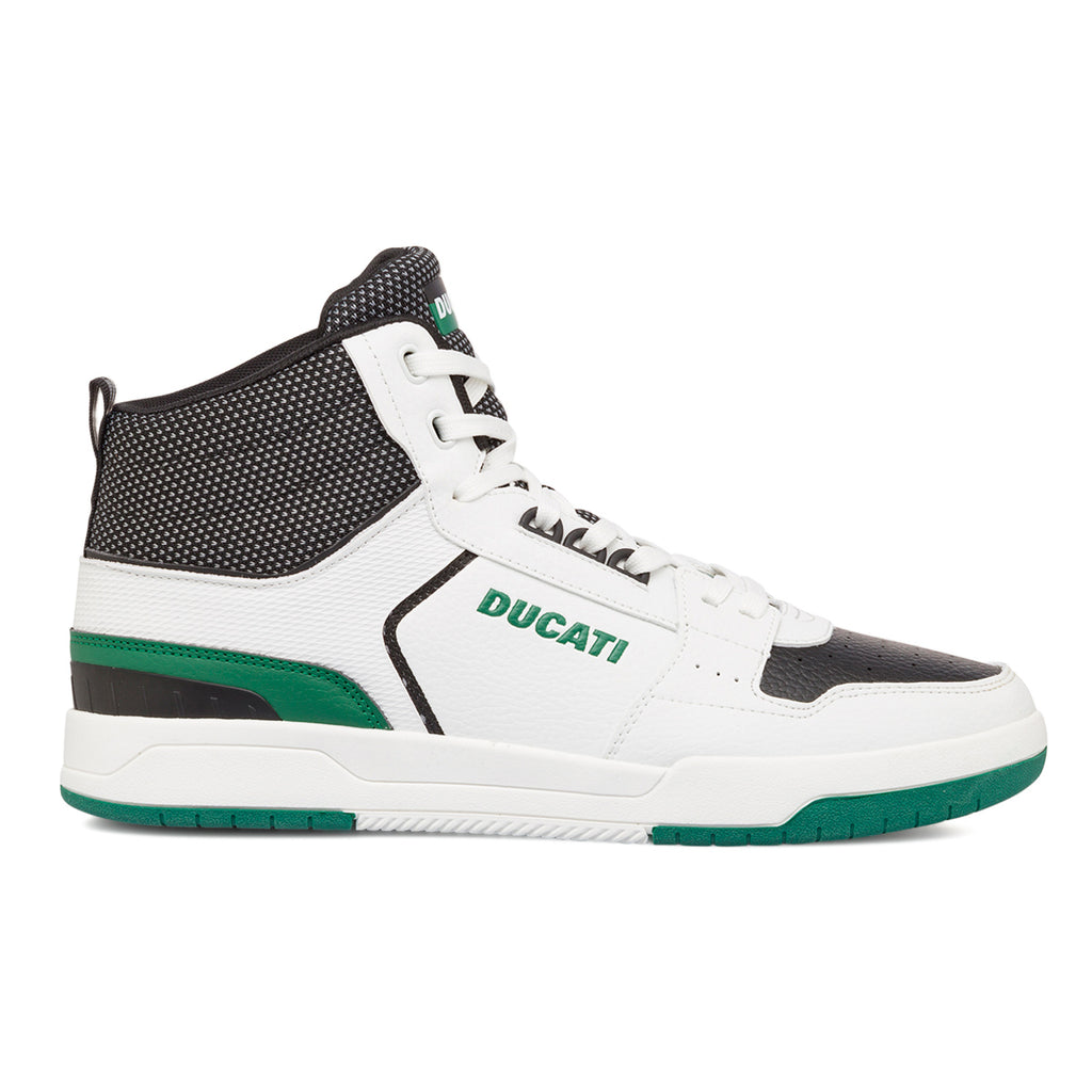 Sneakers alte bianche da uomo con dettagli neri e verdi e logo Ducati Track High