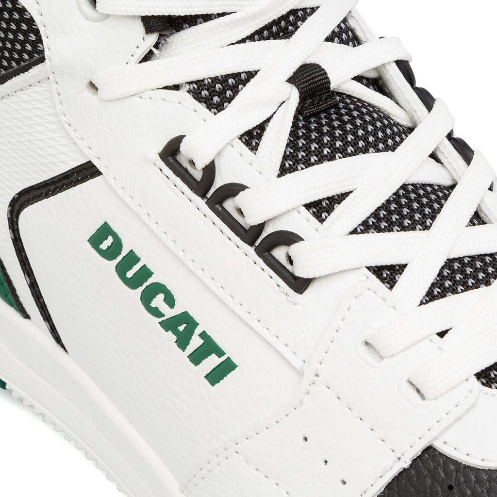 Sneakers alte bianche da uomo con dettagli neri e verdi e logo Ducati Track High