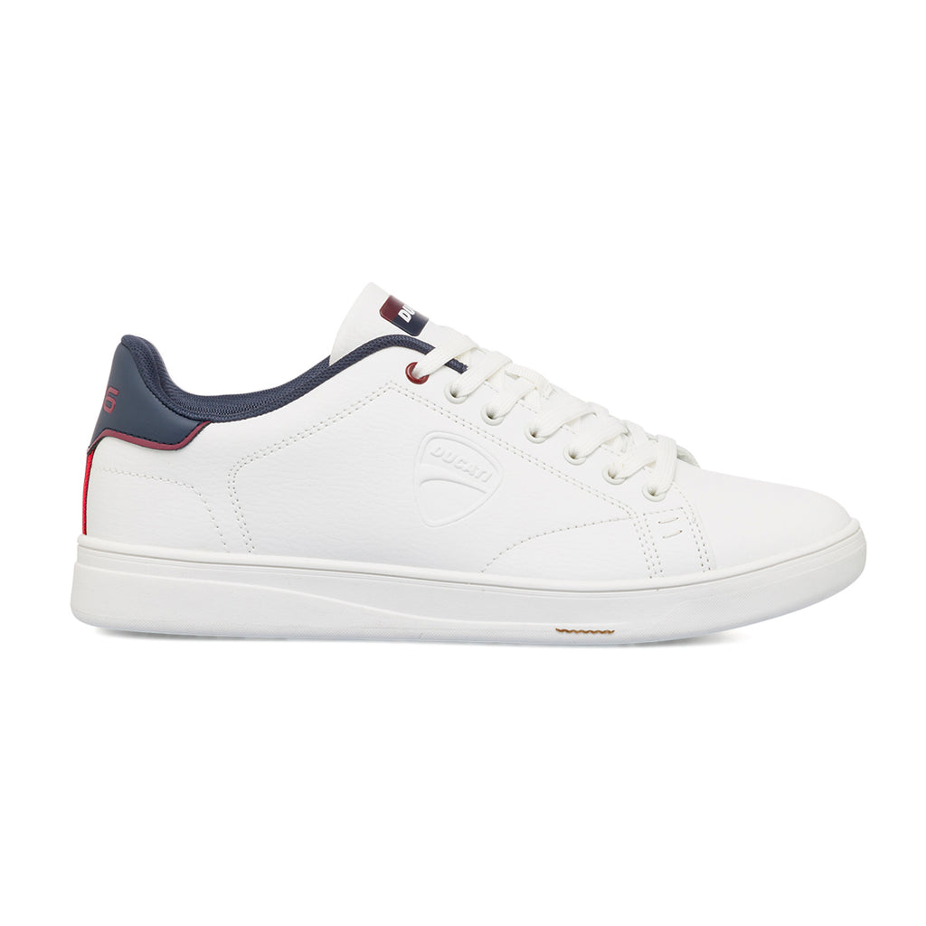 Sneakers bianche da uomo con dettagli blu e logo Ducati Slick