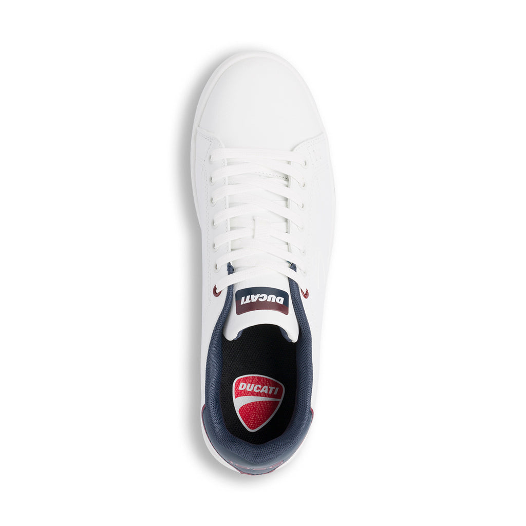 Sneakers bianche da uomo con dettagli blu e logo Ducati Slick