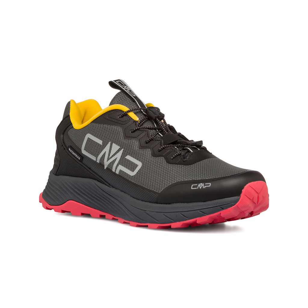 Scarpe da trail running da uomo nere waterproof con dettagli rossi e gialli CMP Phelyx