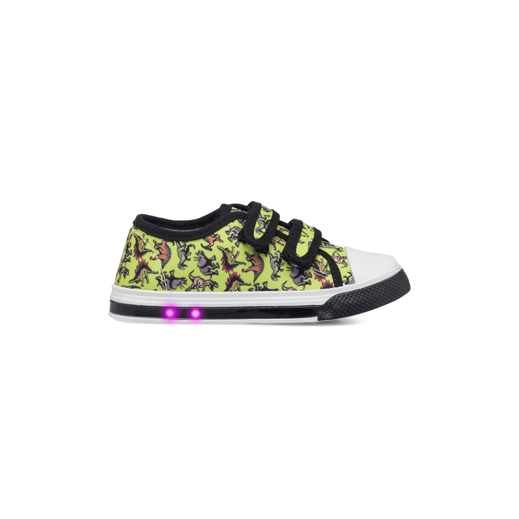 Sneakers primi passi gialle da bambino con luci nella suola e stampa Dinosauri
