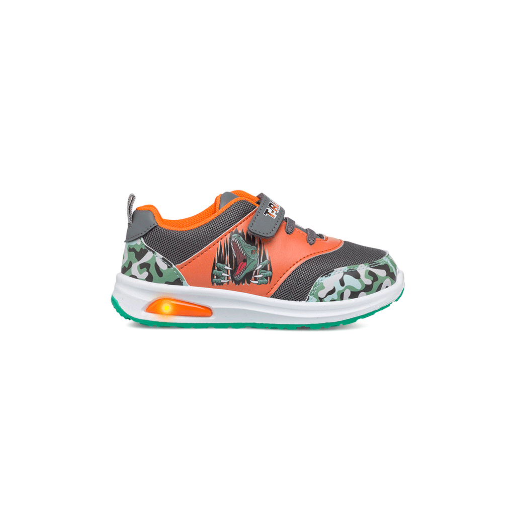 Sneakers primi passi arancioni da bambino con luci nella suola e stampa Dinosauri