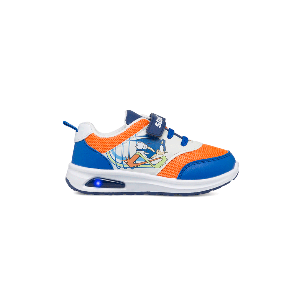 Sneakers primi passi bianche e blu da bambino con luci nella suola e stampa Sonic