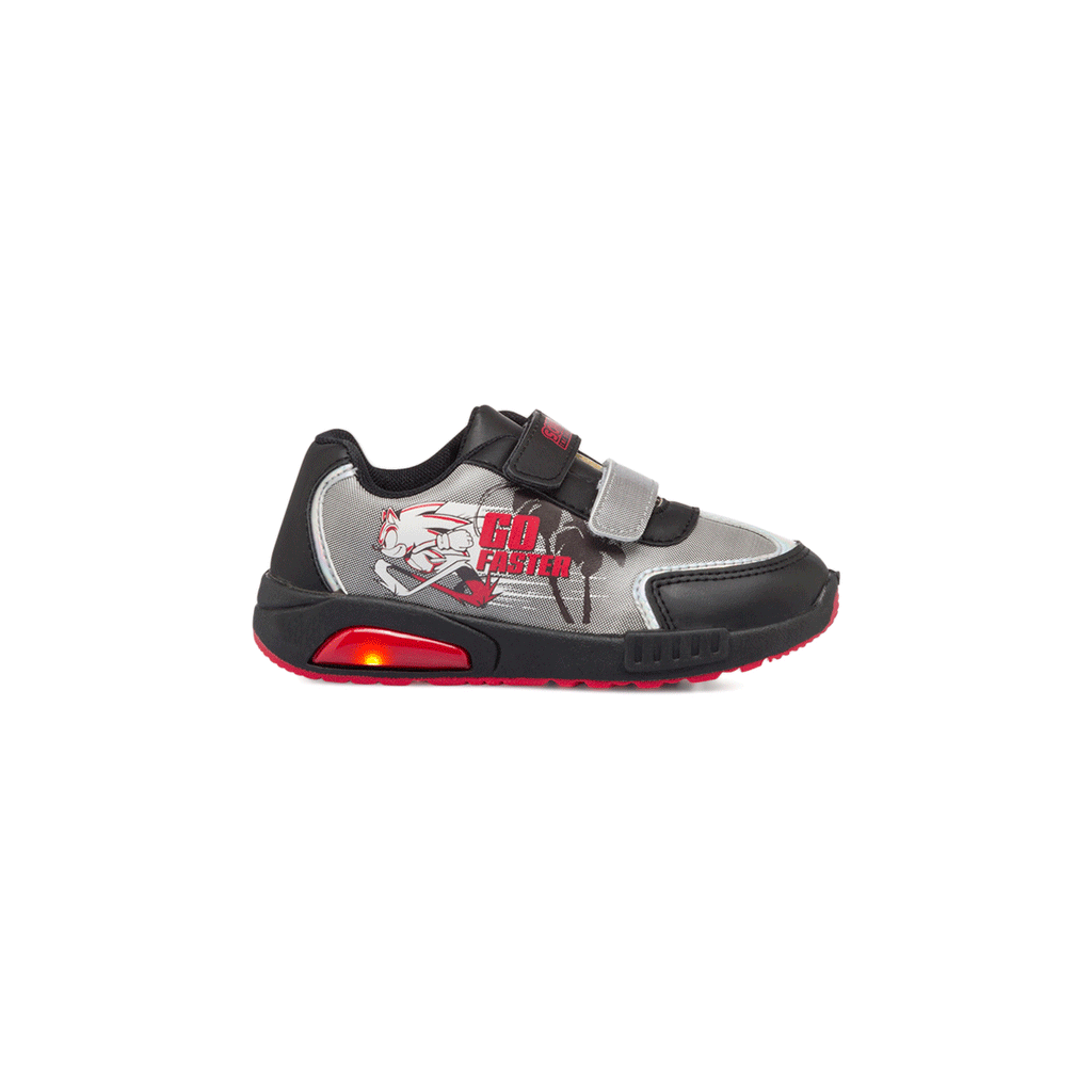 Sneakers primi passi grigie da bambino con luci nella suola e stampa Sonic