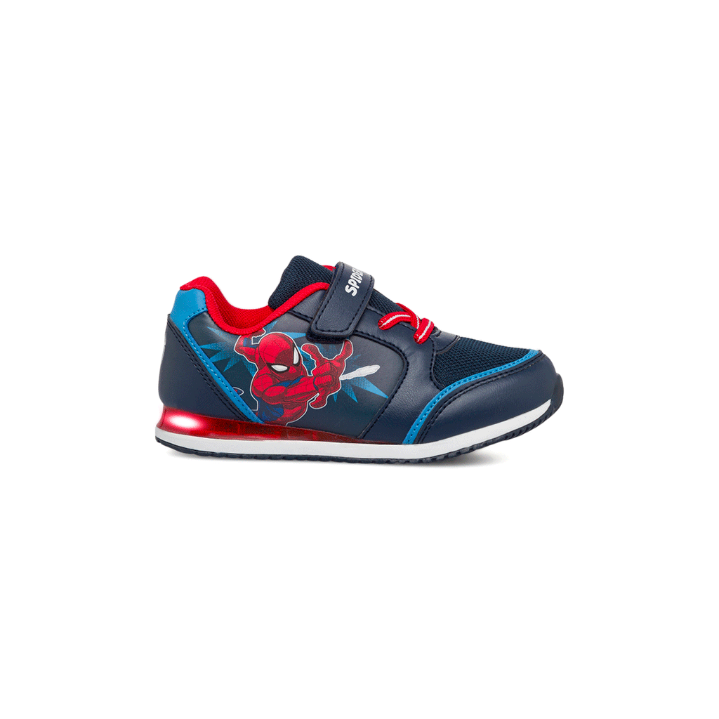 Sneakers primi passi blu da bambino con luci nella suola e stampa Spiderman