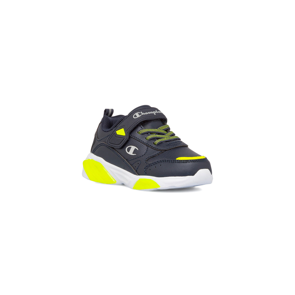 Sneakers da bambino Primi Passi blu navy con dettagli gialli e luci nella suola Champion Wave