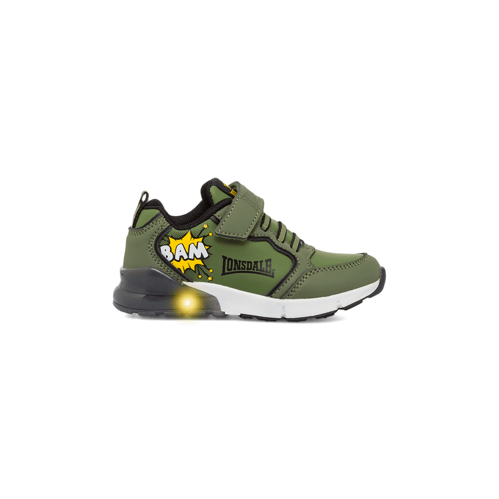 Sneakers verde militare da bambino con luci Lonsdale