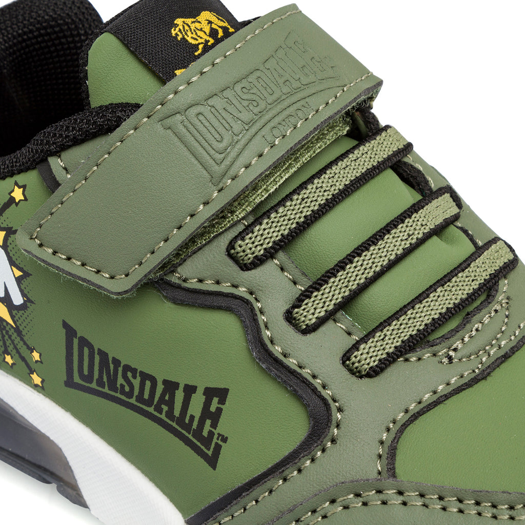 Sneakers verde militare da bambino con luci Lonsdale