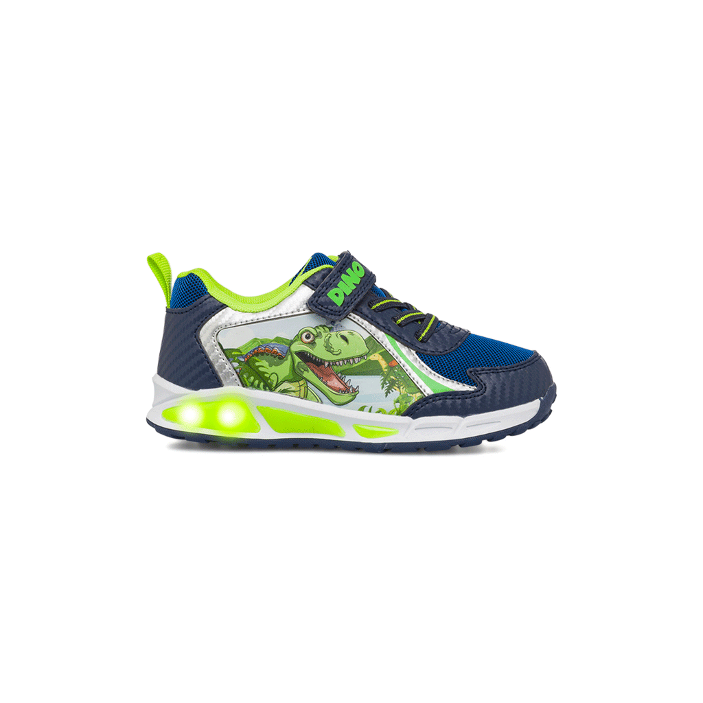 Sneakers blu e giallo da Bambino con dinosauri e luci nella suola Dinosauri