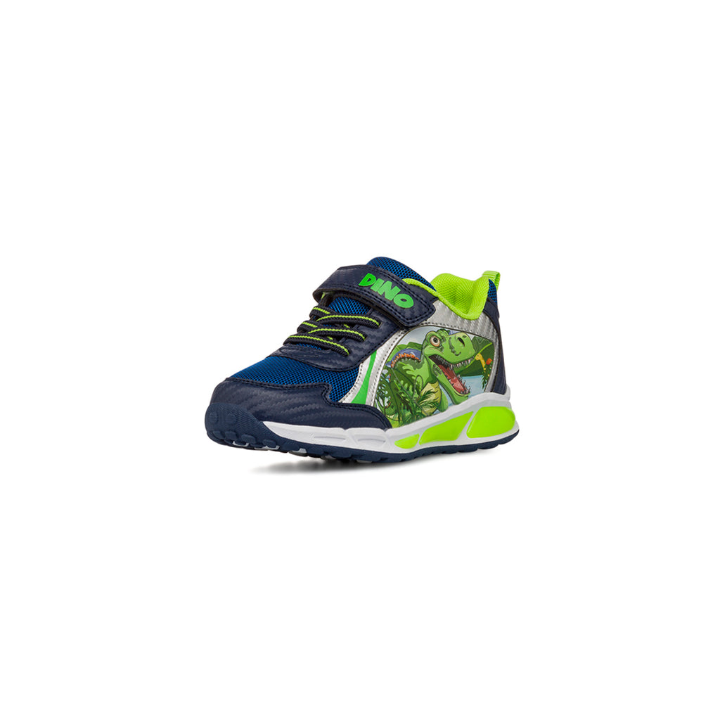 Sneakers blu e giallo da Bambino con dinosauri e luci nella suola Dinosauri