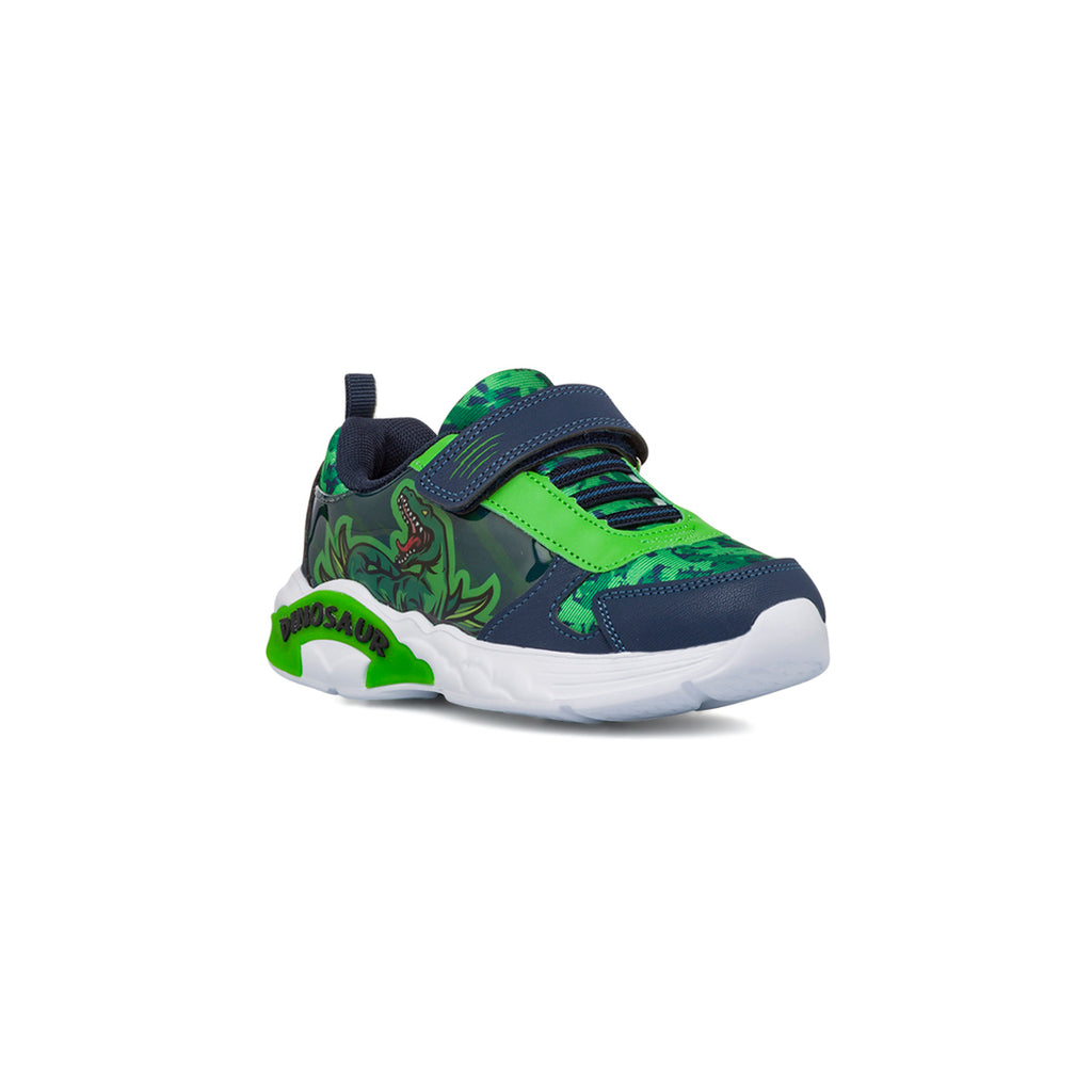 Sneakers da bambino verdi e blu con luci nella suola Dinosauri