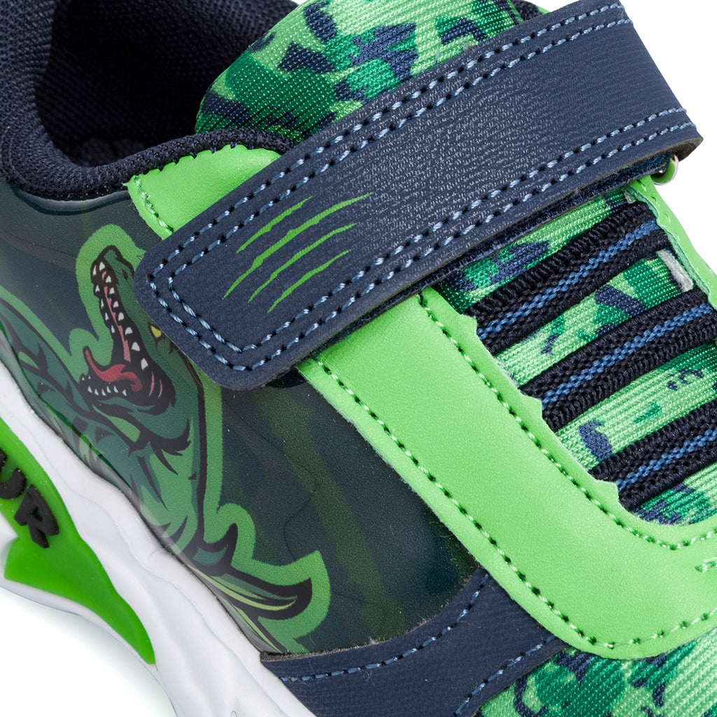 Sneakers da bambino verdi e blu con luci nella suola Dinosauri