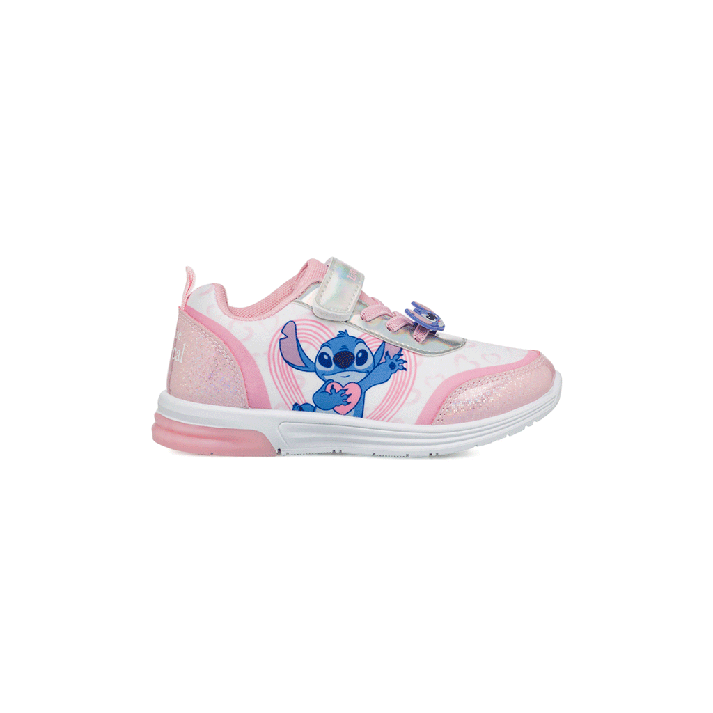 Sneakers da bambina rosa e bianche con luci e patch Stich