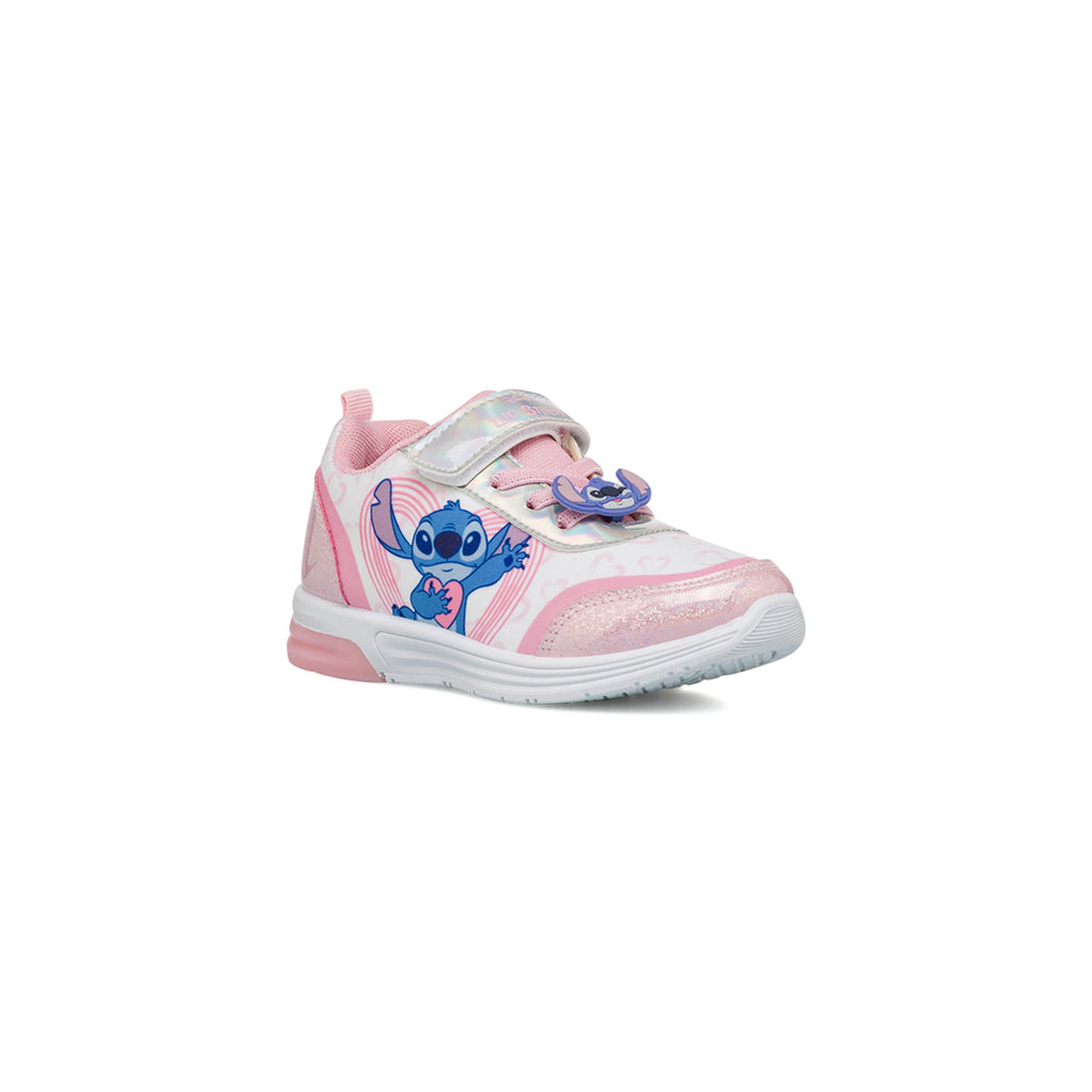Sneakers da bambina rosa e bianche con luci e patch Stich