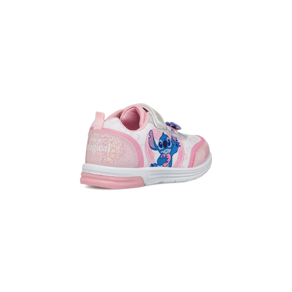 Sneakers da bambina rosa e bianche con luci e patch Stich