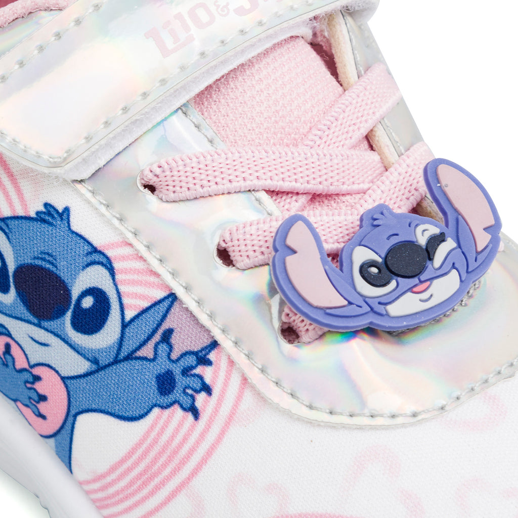 Sneakers da bambina rosa e bianche con luci e patch Stich