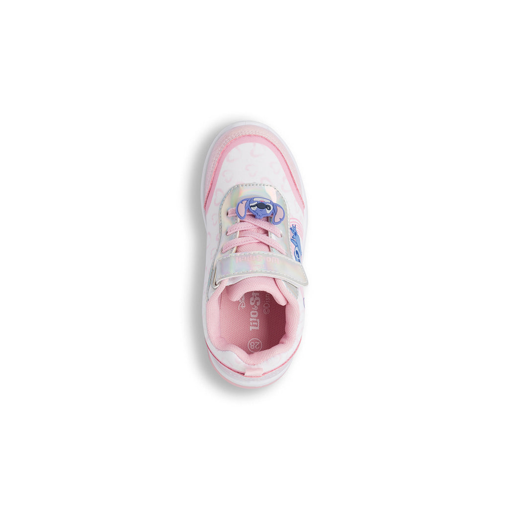 Sneakers da bambina rosa e bianche con luci e patch Stich