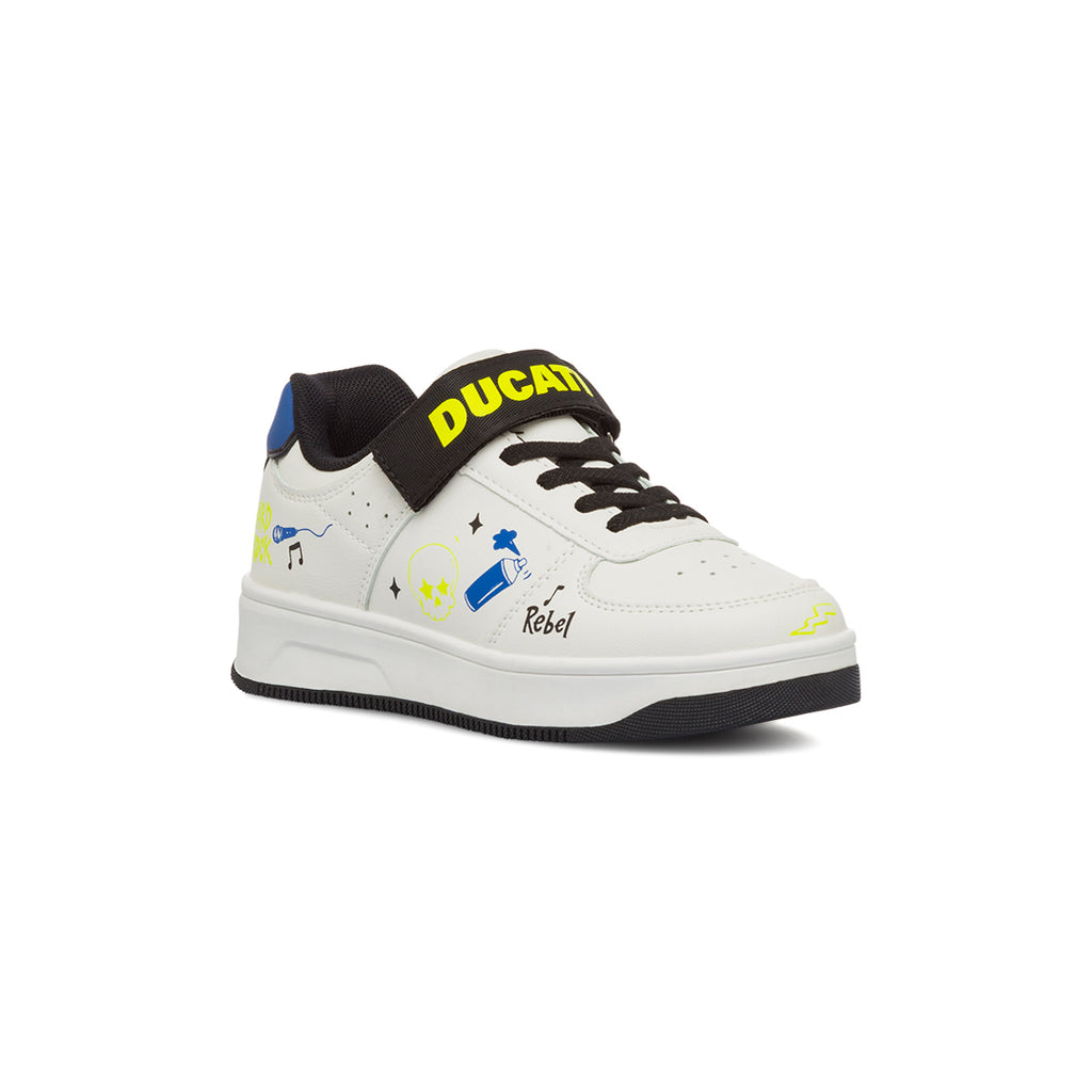 Sneakers bianche da bambino con stampe e logo sul velcro Ducati Bargellino X4 Ps