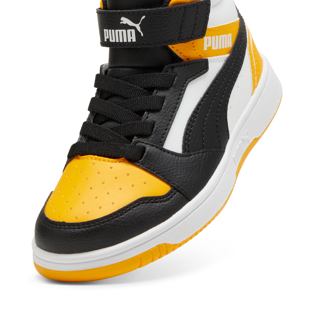 Sneakers alte da bambino bianche con inserti neri e gialli Puma Rebound V6
