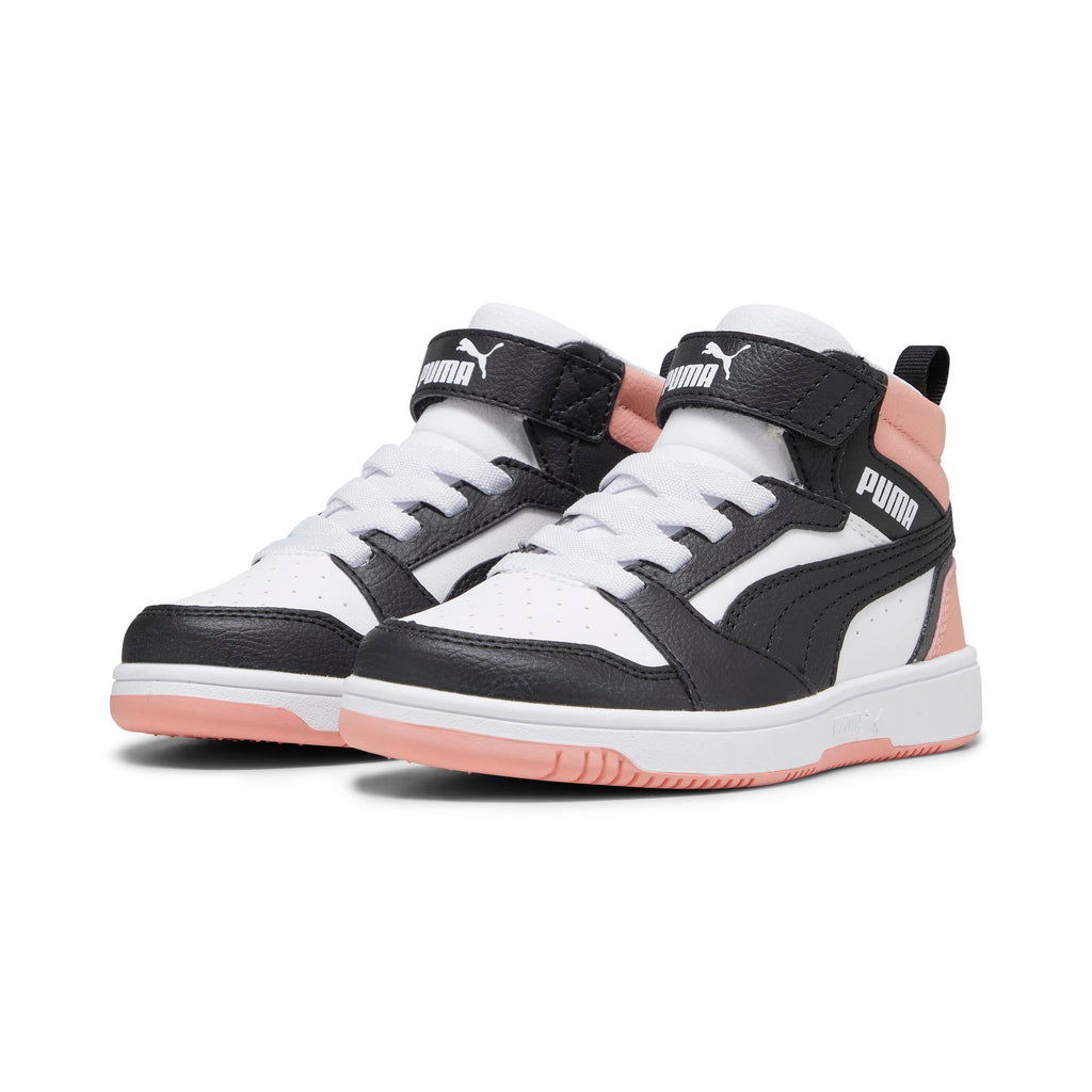 Sneakers alte da bambina bianche con dettagli neri e rosa Puma Rebound V6