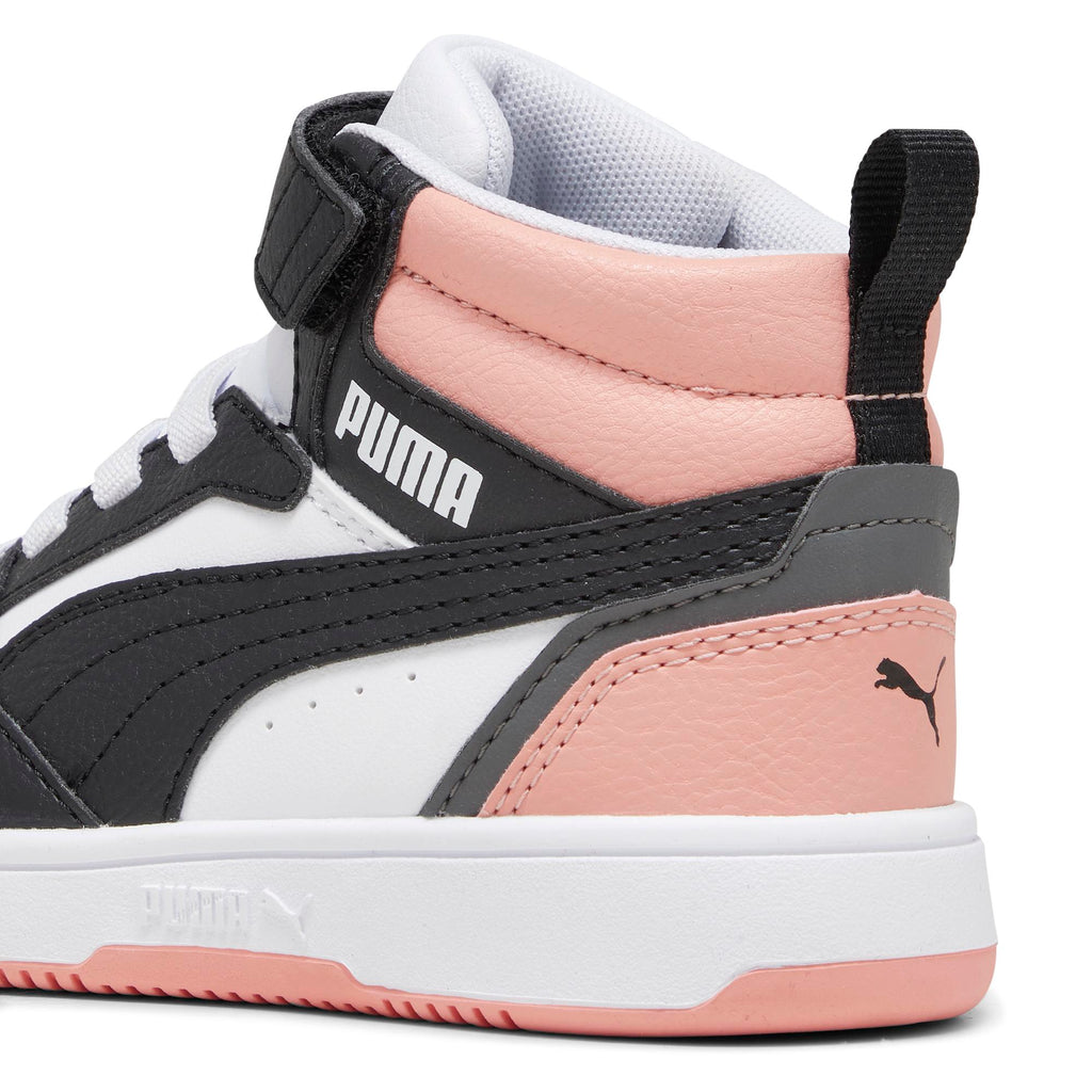 Sneakers alte da bambina bianche con dettagli neri e rosa Puma Rebound V6