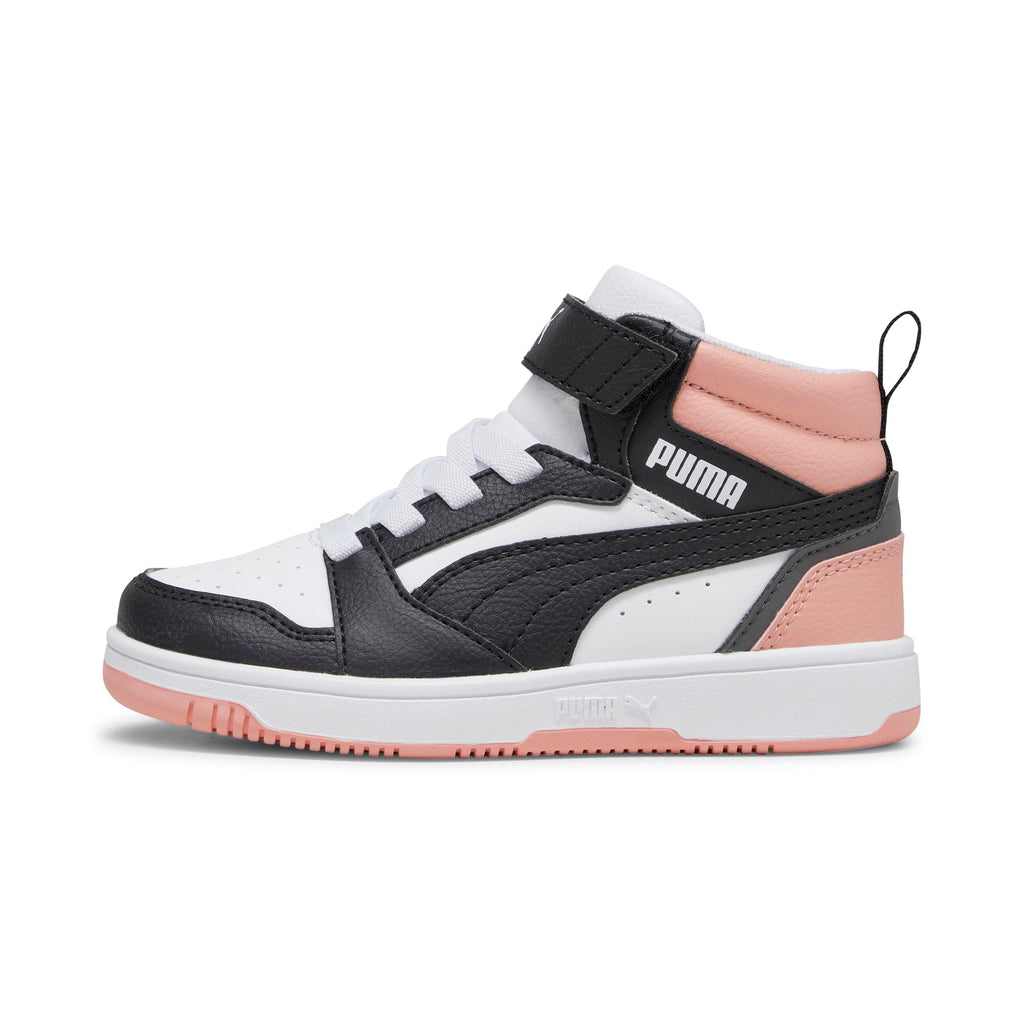 Sneakers alte da bambina bianche con dettagli neri e rosa Puma Rebound V6