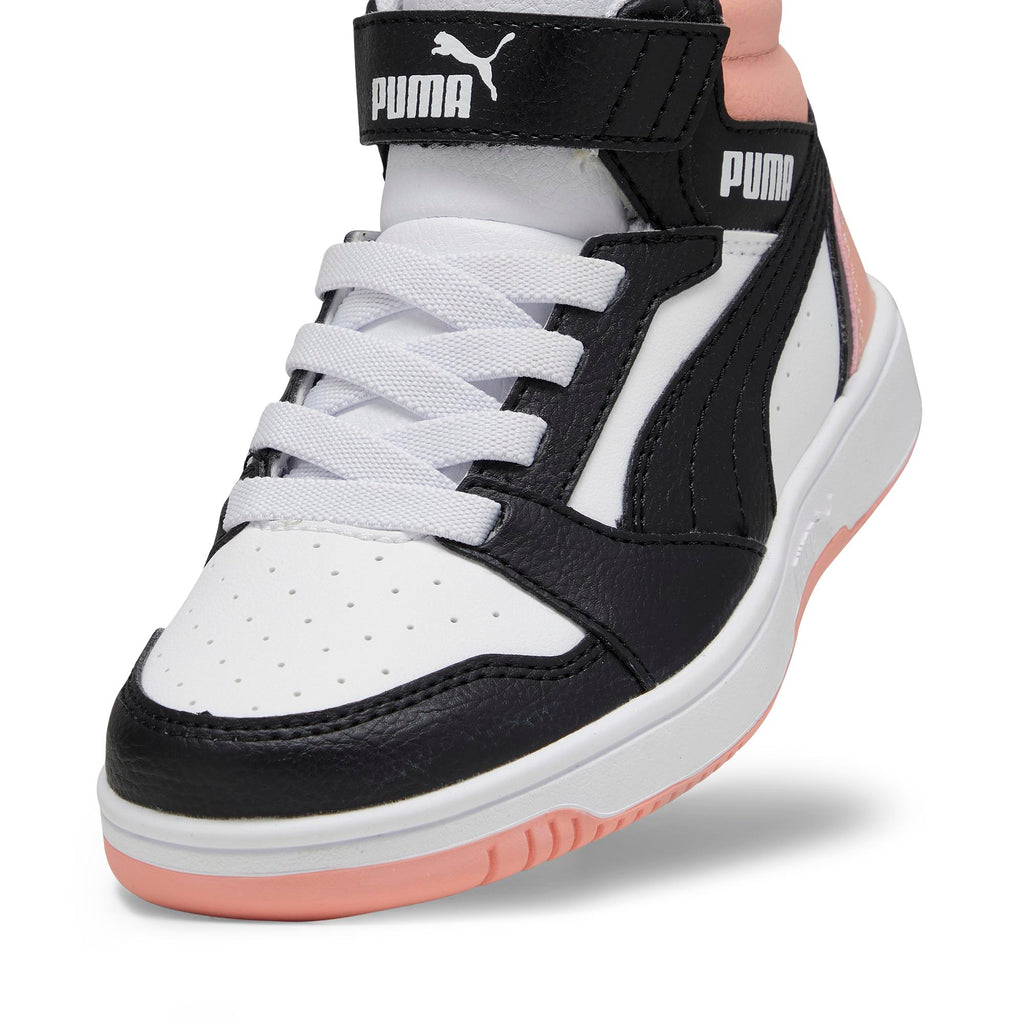 Sneakers alte da bambina bianche con dettagli neri e rosa Puma Rebound V6