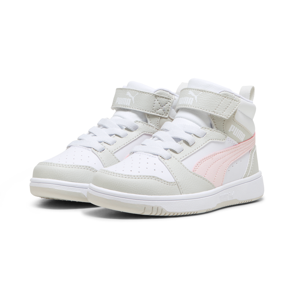 Sneakers alte bambina bianche con dettagli grigi e rosa Puma Rebound V6