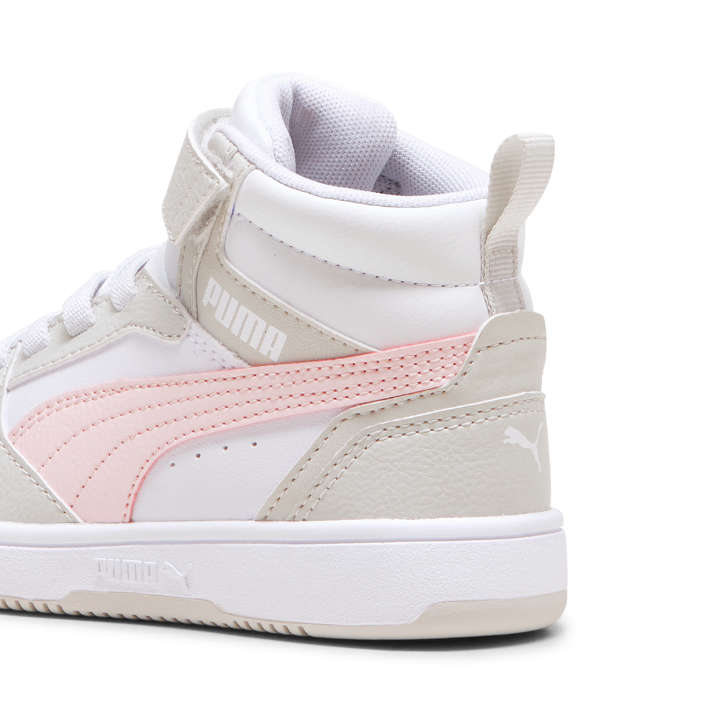 Sneakers alte bambina bianche con dettagli grigi e rosa Puma Rebound V6