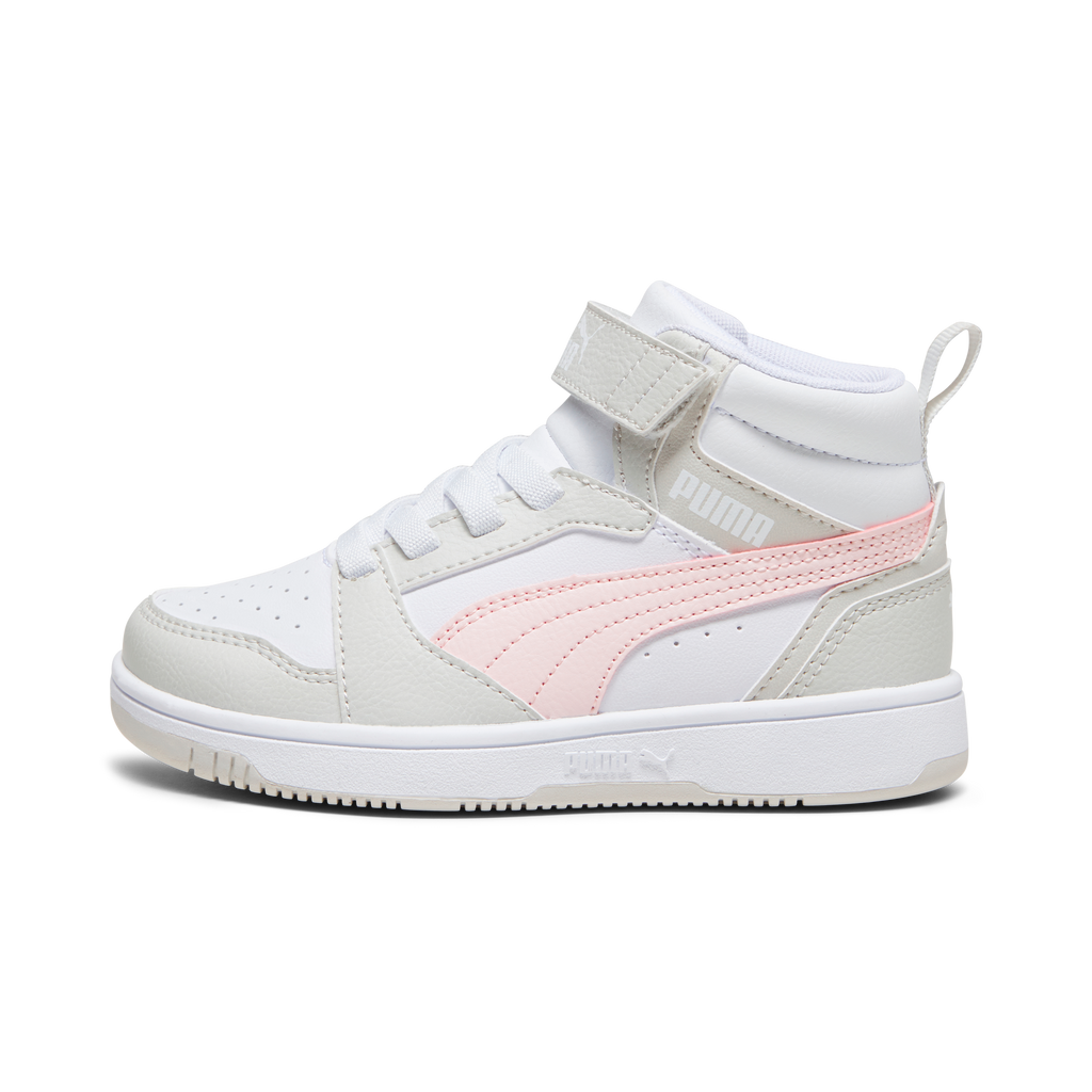 Sneakers alte bambina bianche con dettagli grigi e rosa Puma Rebound V6