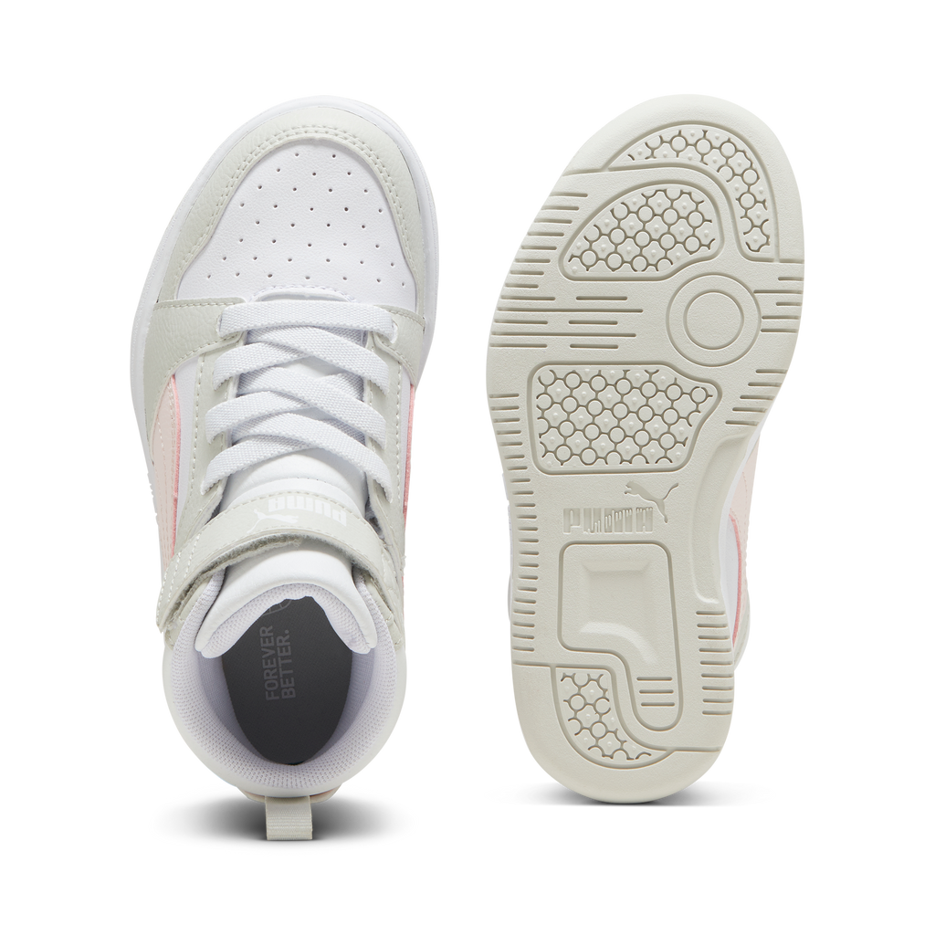 Sneakers alte bambina bianche con dettagli grigi e rosa Puma Rebound V6