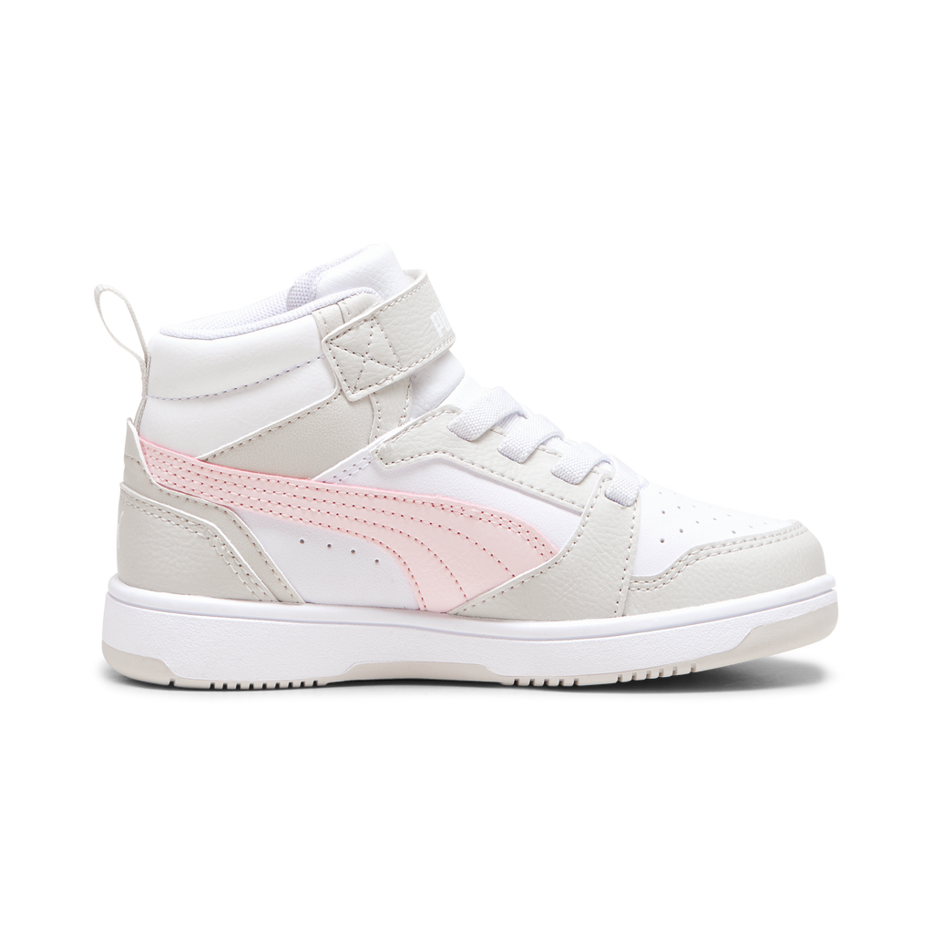 Sneakers alte bambina bianche con dettagli grigi e rosa Puma Rebound V6