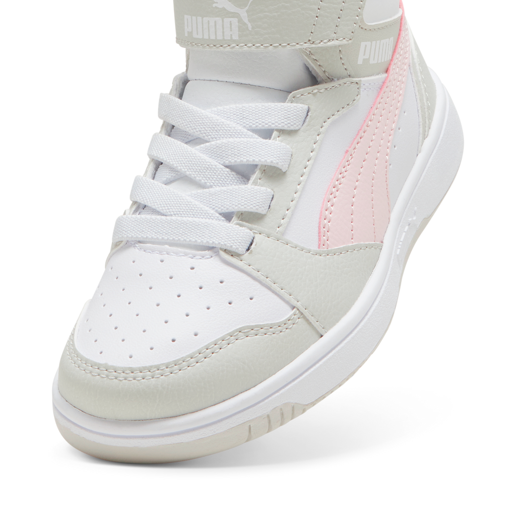 Sneakers alte bambina bianche con dettagli grigi e rosa Puma Rebound V6