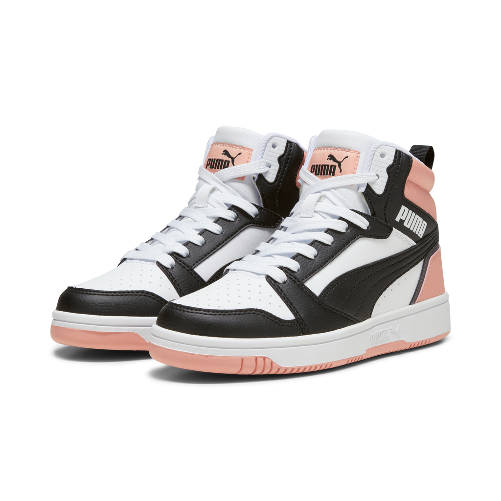 Sneakers alte da ragazza bianche e nere con dettagli rosa Puma Rebound V6