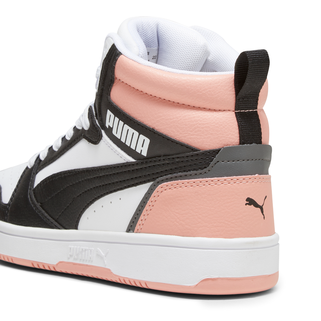 Sneakers alte da ragazza bianche e nere con dettagli rosa Puma Rebound V6