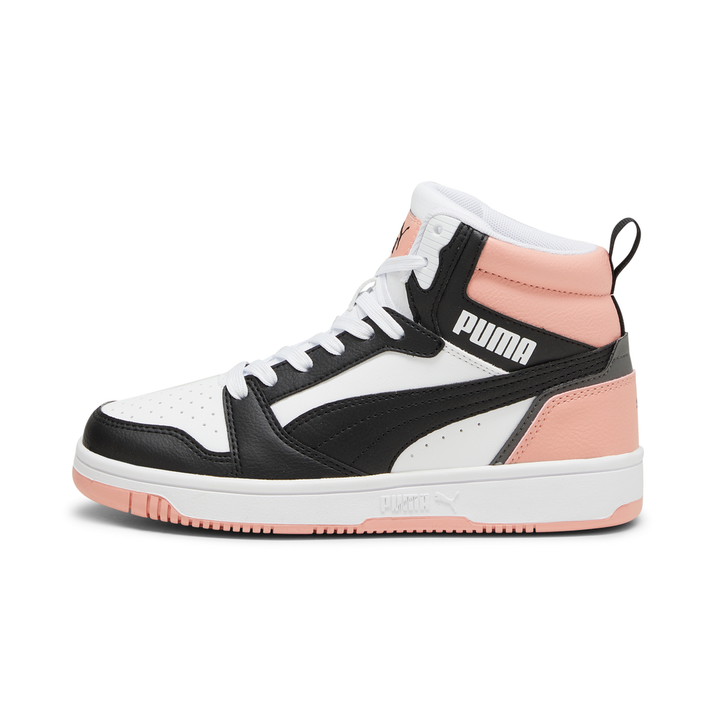Sneakers alte da ragazza bianche e nere con dettagli rosa Puma Rebound V6