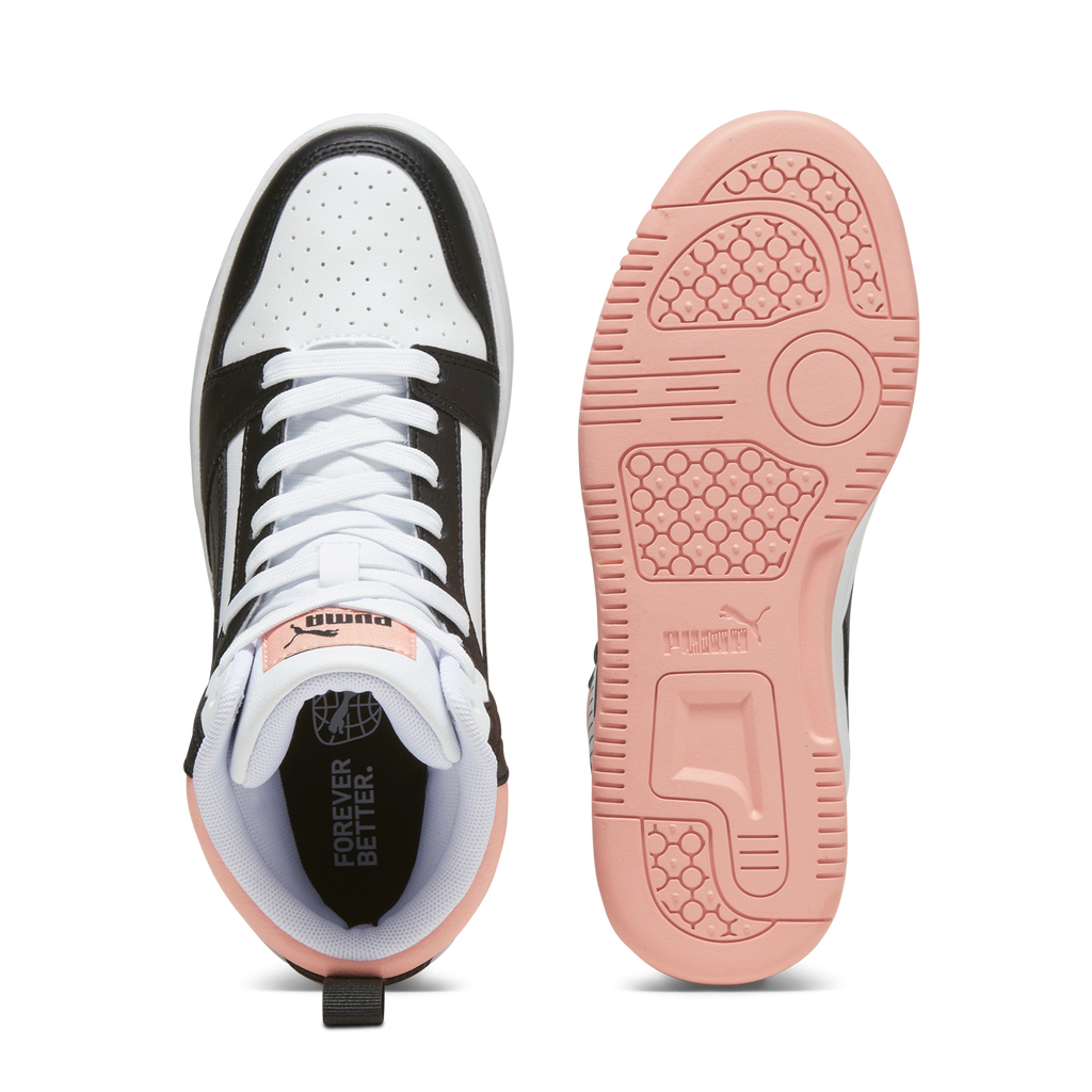 Sneakers alte da ragazza bianche e nere con dettagli rosa Puma Rebound V6