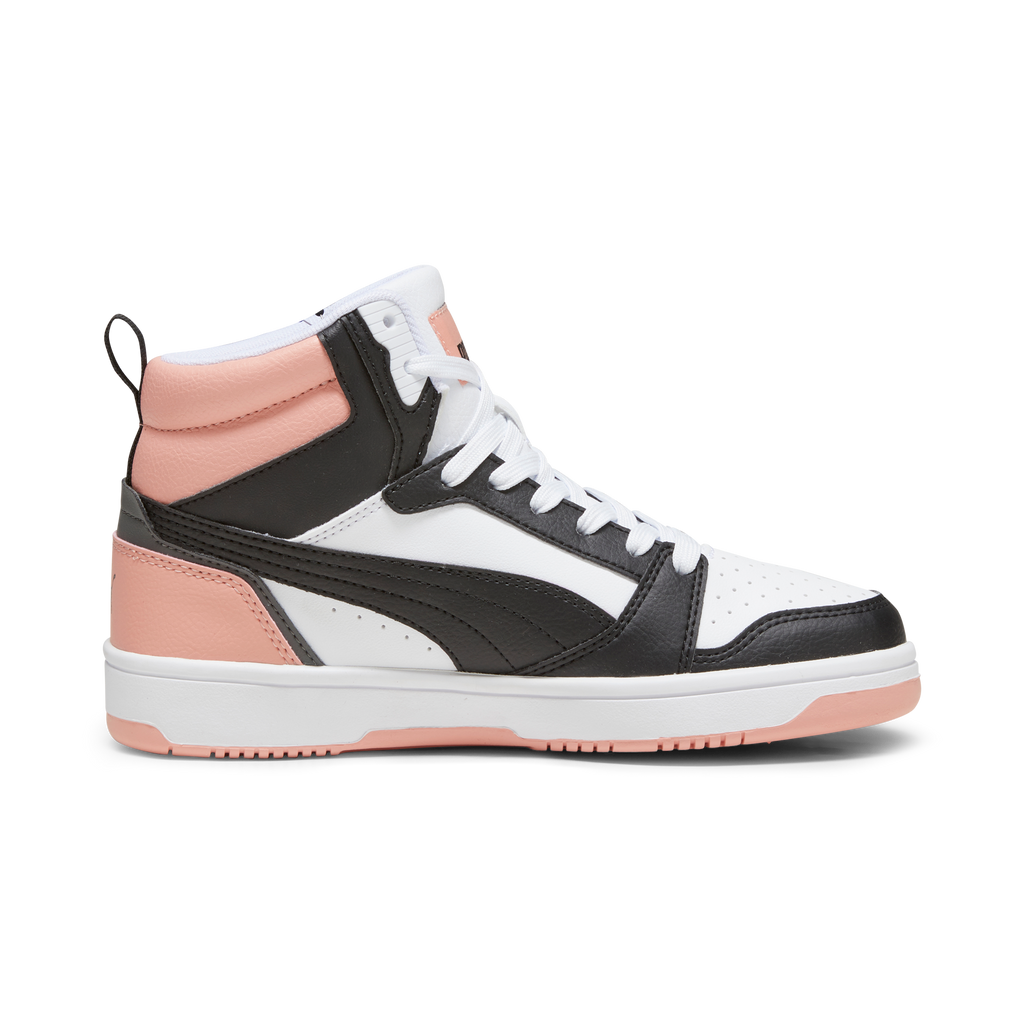 Sneakers alte da ragazza bianche e nere con dettagli rosa Puma Rebound V6