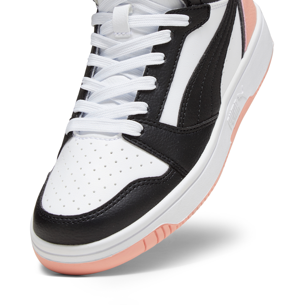 Sneakers alte da ragazza bianche e nere con dettagli rosa Puma Rebound V6