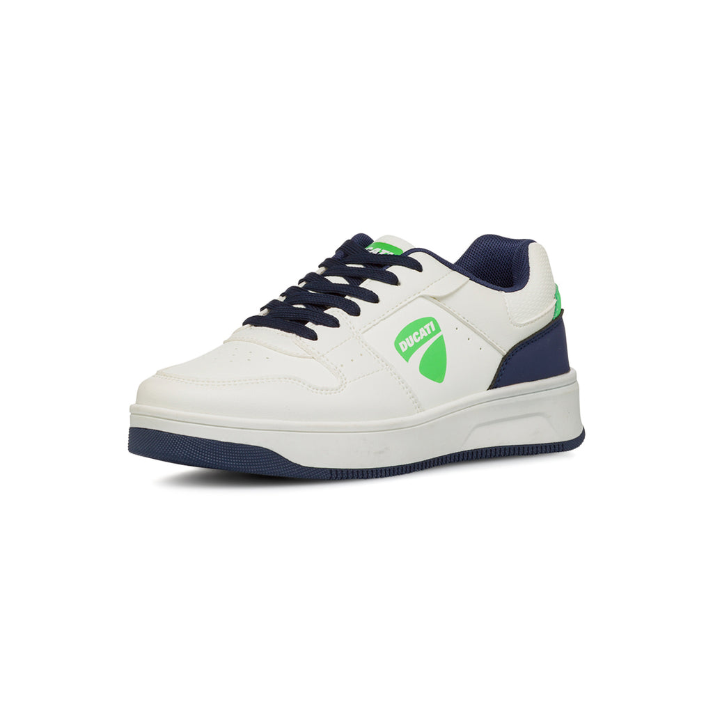 Sneakers bianche e blu da ragazzo con logo e dettagli verdi Ducati
