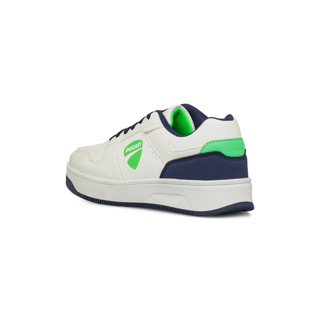 Sneakers bianche e blu da ragazzo con logo e dettagli verdi Ducati