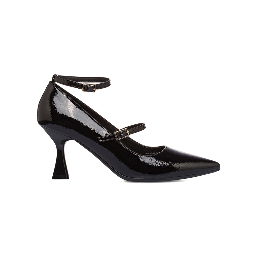 Décolleté Mary Jane nere effetto vernice da donna Lora Ferres con cinturini e tacco rocchetto 7 cm