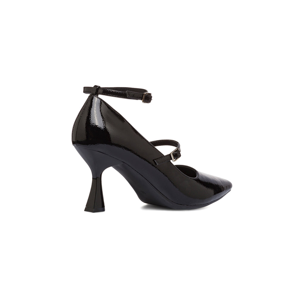 Décolleté Mary Jane nere effetto vernice da donna Lora Ferres con cinturini e tacco rocchetto 7 cm