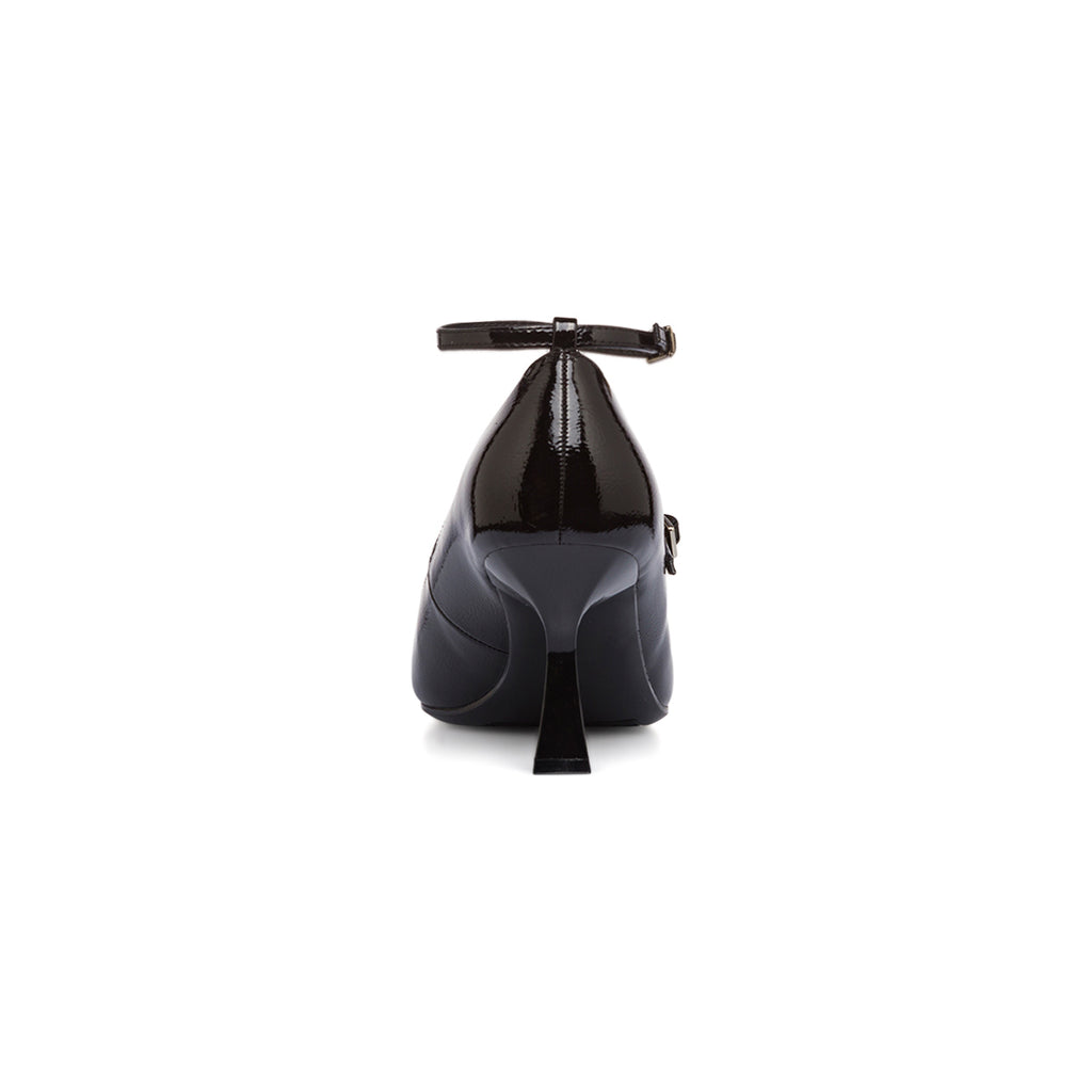 Décolleté Mary Jane nere effetto vernice da donna Lora Ferres con cinturini e tacco rocchetto 7 cm