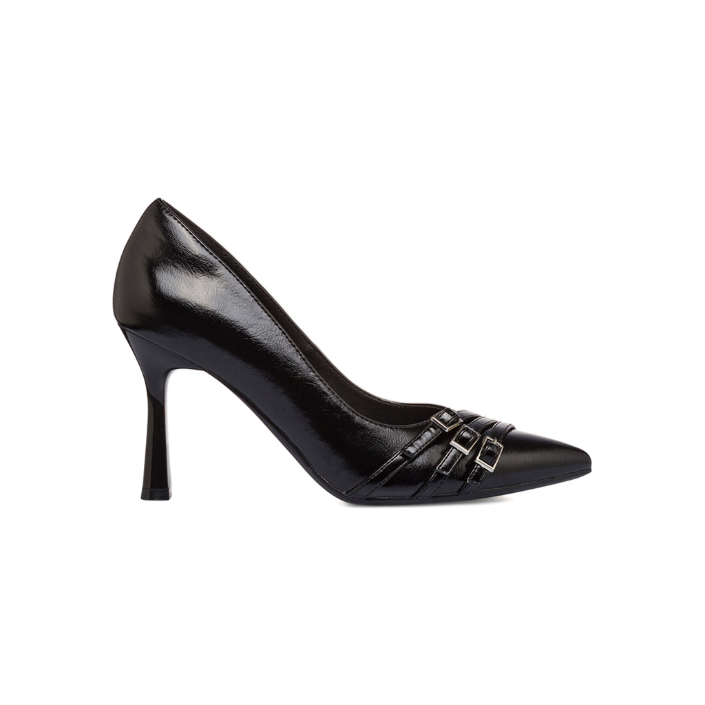 Décolleté nere da donna Lora Ferres lucide con fibbie e tacco stiletto 9 cm