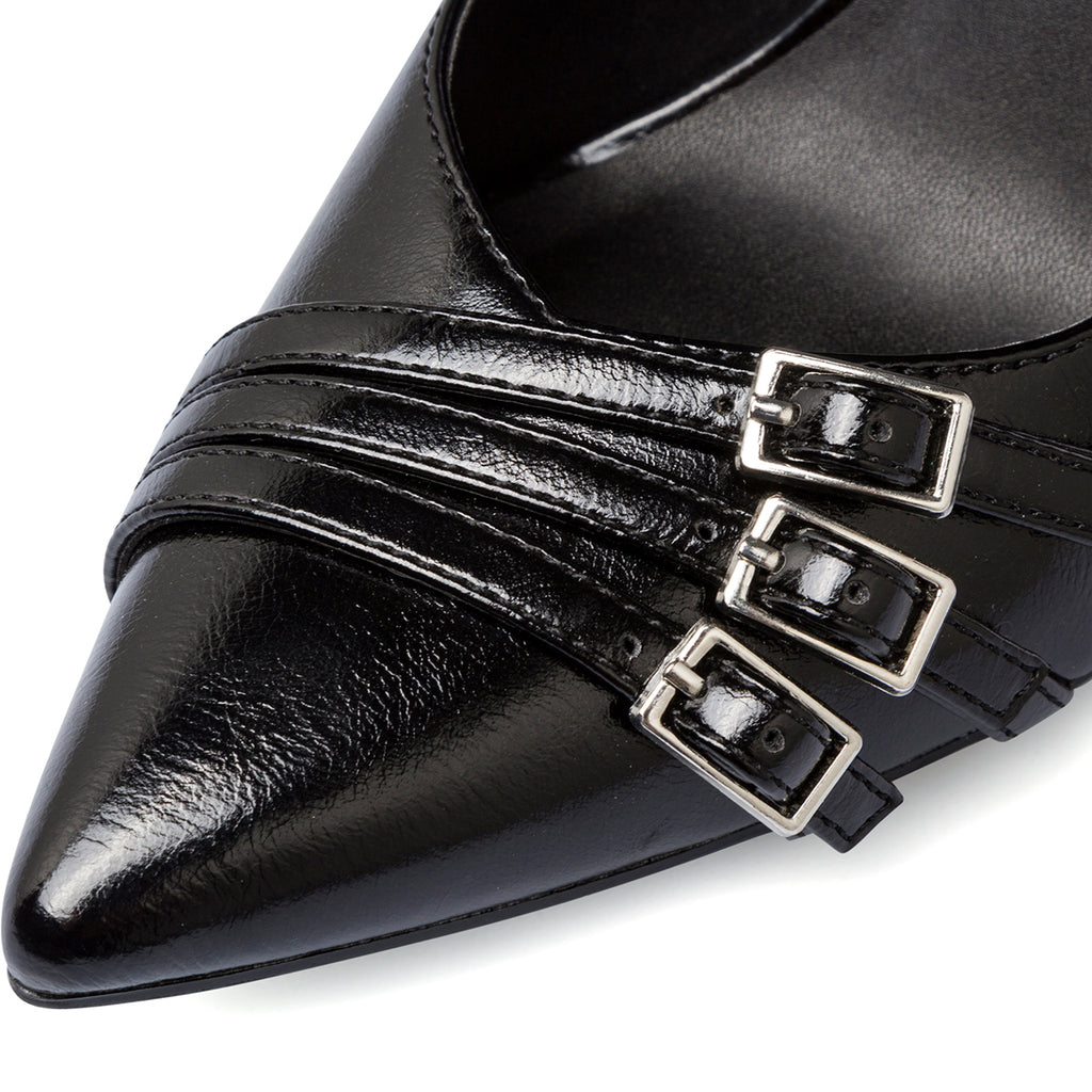 Décolleté nere da donna Lora Ferres lucide con fibbie e tacco stiletto 9 cm