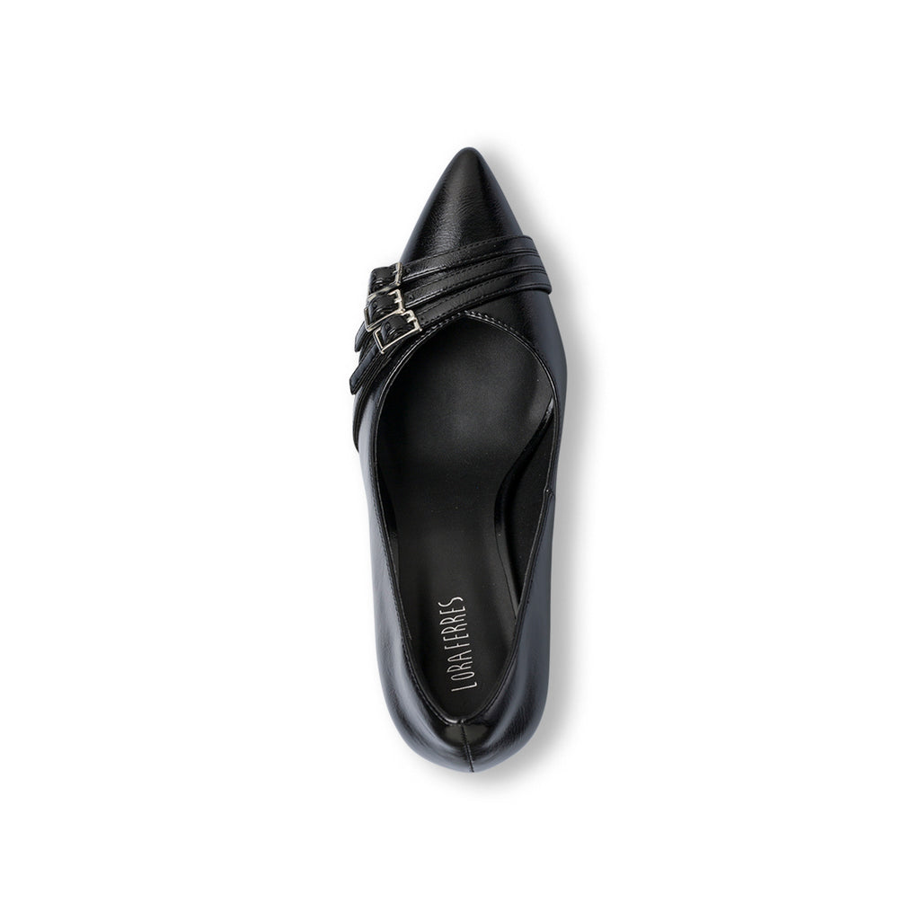 Décolleté nere da donna Lora Ferres lucide con fibbie e tacco stiletto 9 cm