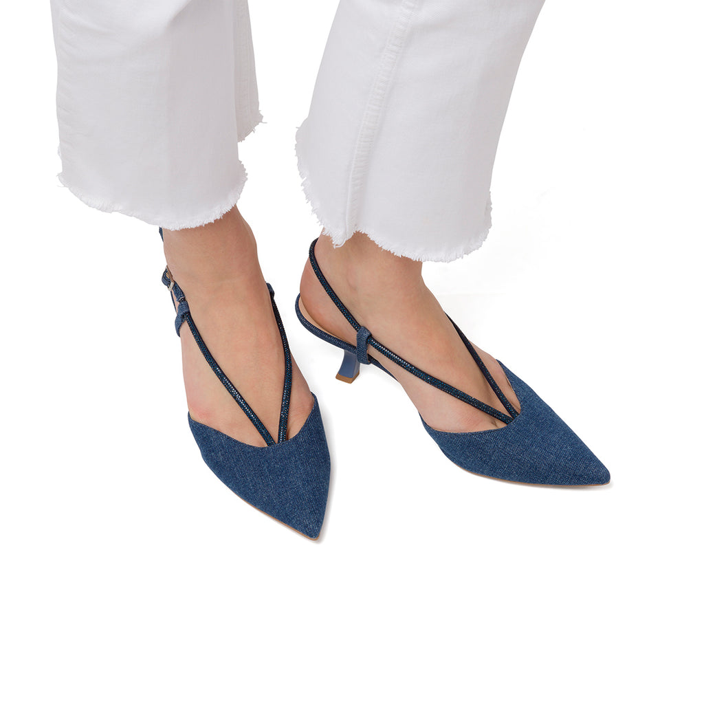 Décolleté slingback con tacco 6 cm blu da Donna effetto Jeans con cinturino Swish Jeans